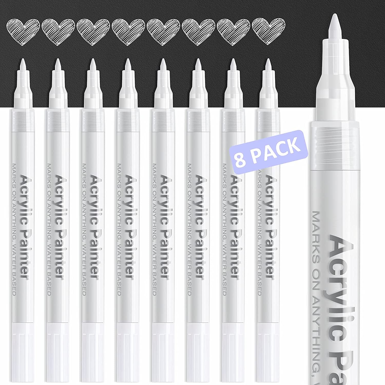 White Paint Pen Acrylic Marker: 8 Pack 0.7Mm White Paint Marker for Metal,  Art, Wood, Black Paper, Plastic, Ceramic, Metallic, Rock Painting, Drawing,  Extra Fine Point, Ideal for Artist & Students